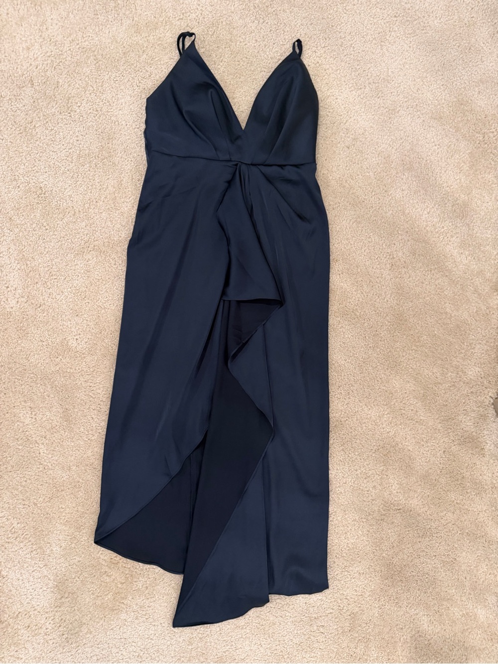 Navy Satin V-Neck Spaghetti Strap Maxi Dress. Size medium. Price $40.00